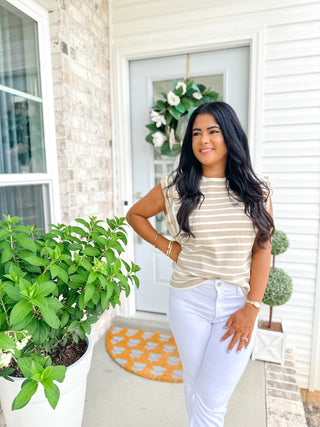 Harbor White & Taupe Striped Sleeveless Knit Top - Southern Roots & Boots