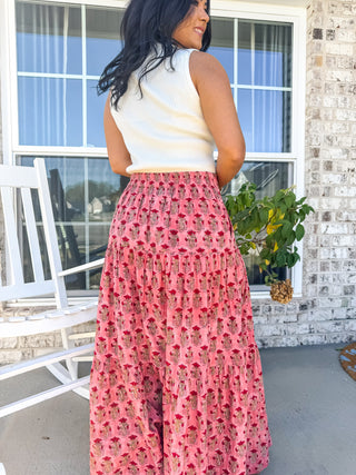 Blush Meadow Coral Block Printed Tiered Skirt