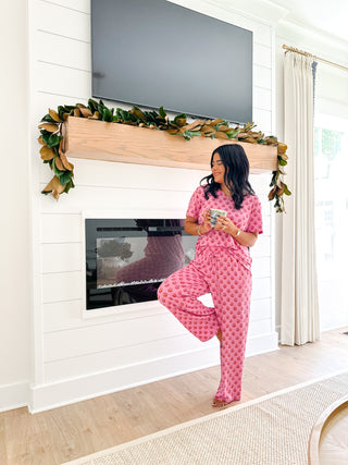Savannah Rose Pink & Orange Block Print Pajama Set