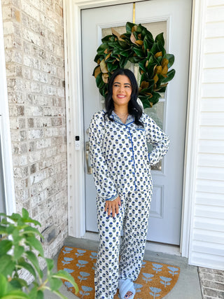 The Carolina Blues White, Green & Blue Block Print  Pajama Set