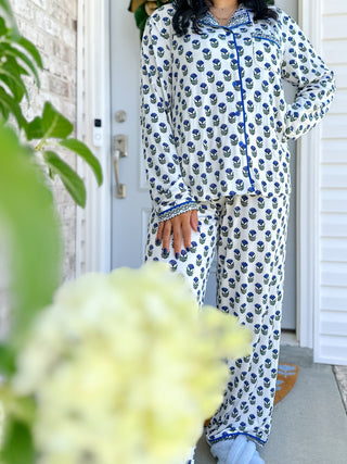 The Carolina Blues White, Green & Blue Block Print  Pajama Set