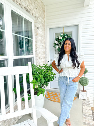 Whispered Elegance White Flutter Sleeve Peplum Blouse - Southern Roots & Boots