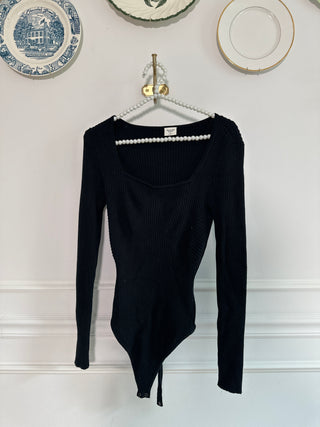 Black Ribbed Long Sleeve Sweater Bodysuit