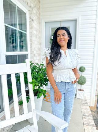 Whispered Elegance White Flutter Sleeve Peplum Blouse - Southern Roots & Boots