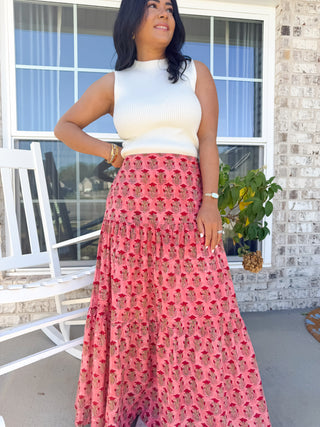 Blush Meadow Coral Block Printed Tiered Skirt