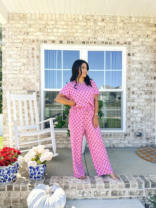 Savannah Rose Pink & Orange Block Print Pajama Set
