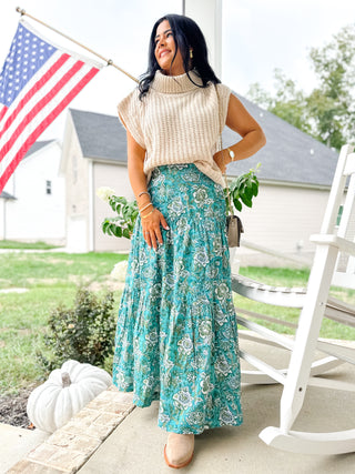 The Fairhope Block Printed Tiered Cotton Skirt-Green - Magnolia & Pine