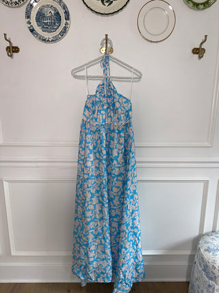 Aqua & White Tropical Maxi Halter Dress
