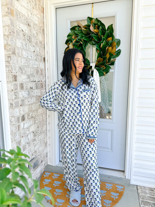 The Carolina Blues White, Green & Blue Block Print  Pajama Set