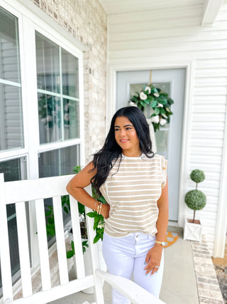 Harbor White & Taupe Striped Sleeveless Knit Top - Southern Roots & Boots