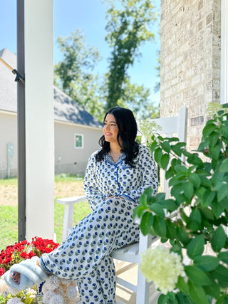 The Carolina Blues White, Green & Blue Block Print  Pajama Set
