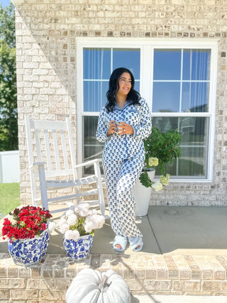 The Carolina Blues White, Green & Blue Block Print  Pajama Set