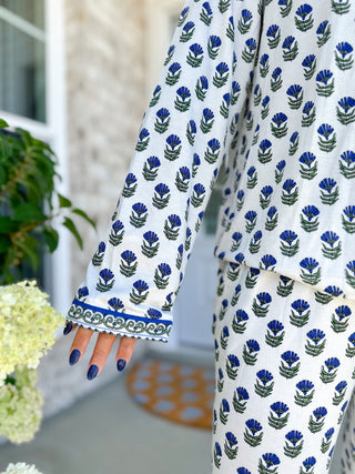 The Carolina Blues White, Green & Blue Block Print  Pajama Set