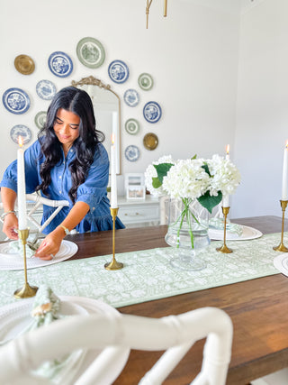 Southern Grove Green & White Block Print Table Runner - Magnolia & Pine