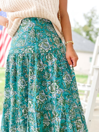 The Fairhope Block Printed Tiered Cotton Skirt-Green - Magnolia & Pine