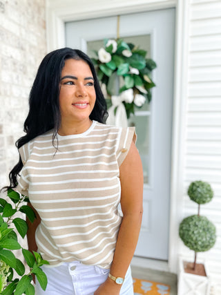 Harbor White & Taupe Striped Sleeveless Knit Top - Southern Roots & Boots