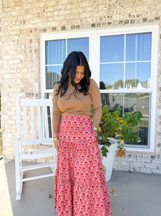 Blush Meadow Coral Block Printed Tiered Skirt