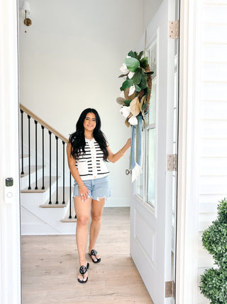 Laurel White & Black Striped Sweater Vest With Gold Buttons - Southern Roots & Boots