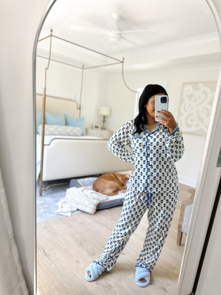 The Carolina Blues White, Green & Blue Block Print  Pajama Set