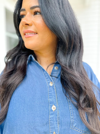 Denim Ruffle Hem Button Down Top - Magnolia & Pine