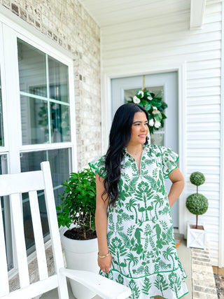 Leilani Green & White Tropical Print Mini Dress - Southern Roots & Boots