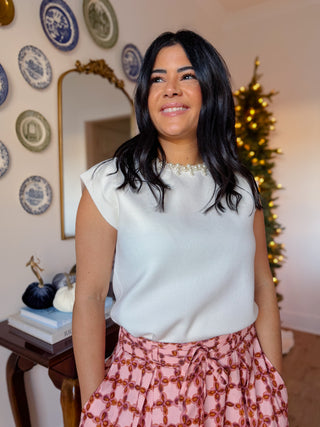 White Pearl Jeweled Trim Knit Top