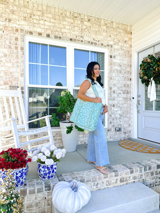 Garden Stroll Green & White Block Print Quilted Tote Bag