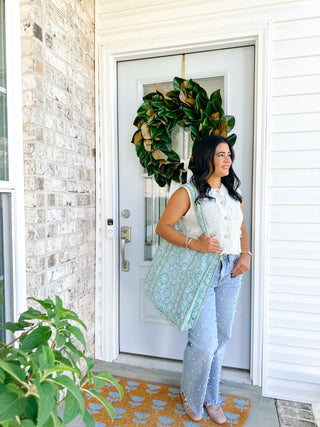 Garden Stroll Green & White Block Print Quilted Tote Bag