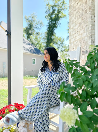 The Carolina Blues White, Green & Blue Block Print  Pajama Set