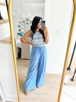 Bluffton Breeze Blue Scallop Hem Wide Leg Pants - Southern Roots & Boots