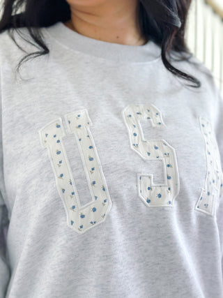 Born In The USA Blue & White Ditsy Graphic Oversized Sweatshirt - Southern Roots & Boots
