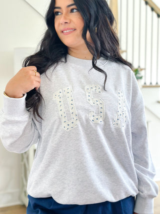 Born In The USA Blue & White Ditsy Graphic Oversized Sweatshirt - Southern Roots & Boots