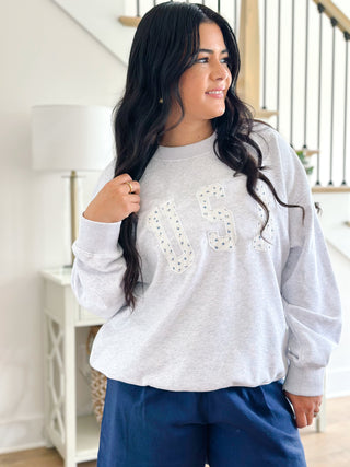 Born In The USA Blue & White Ditsy Graphic Oversized Sweatshirt - Southern Roots & Boots