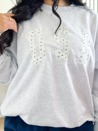 Born In The USA Blue & White Ditsy Graphic Oversized Sweatshirt - Southern Roots & Boots