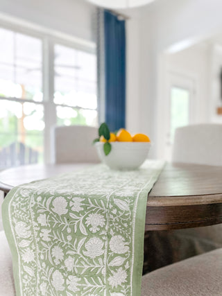 Southern Grove Green & White Block Print Table Runner - Magnolia & Pine