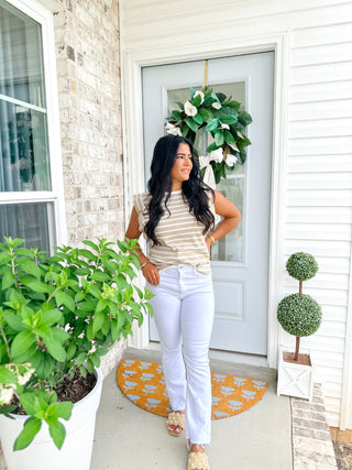 Harbor White & Taupe Striped Sleeveless Knit Top - Southern Roots & Boots