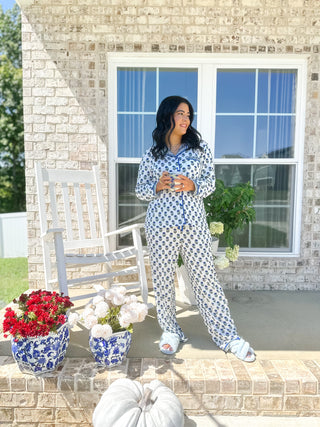 The Carolina Blues White, Green & Blue Block Print  Pajama Set