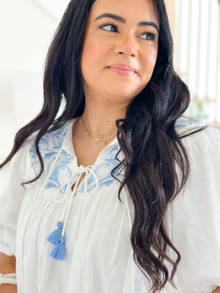 Cabo Coastline Embroidered Bubble Sleeve Top - Southern Roots & Boots