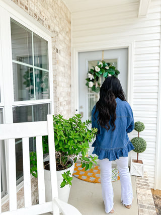 Denim Ruffle Hem Button Down Top - Magnolia & Pine