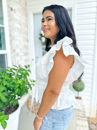 Whispered Elegance White Flutter Sleeve Peplum Blouse - Southern Roots & Boots