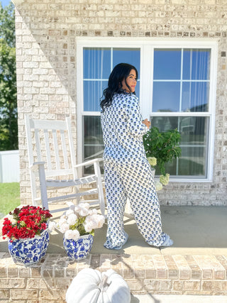 The Carolina Blues White, Green & Blue Block Print  Pajama Set