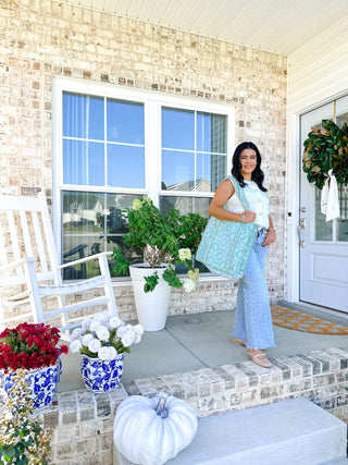 Garden Stroll Green & White Block Print Quilted Tote Bag