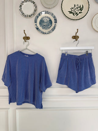 Blue Ribbed Short Sleeve & Short Set