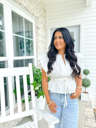 Whispered Elegance White Flutter Sleeve Peplum Blouse - Southern Roots & Boots