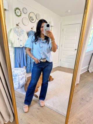 Beaufort Stripe Ruffle Button Down Top