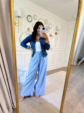 Bluffton Breeze Blue Scallop Hem Wide Leg Pants