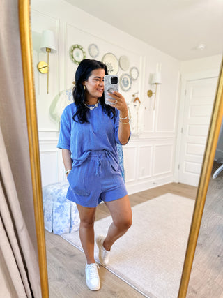 Blue Ribbed Short Sleeve & Short Set