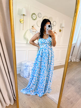 Aqua & White Tropical Maxi Halter Dress