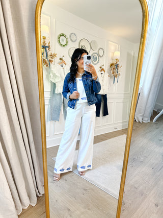 Santorini Blue & White Embroidered Leaf Linen Two-Piece Set