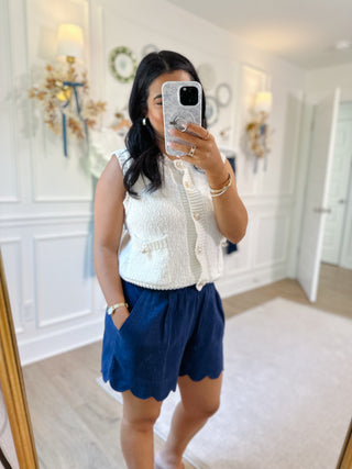 Let Freedom Ring Navy Scallop Hem Linen Shorts